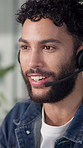 Headset, man and call center agent in office for communication, contact us or help desk. Technology, customer service and male consultant talking with online discussion for crm support in workplace.