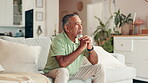 Elderly man, thinking and sofa with depression, nursing home and mental health with retirement and anxiety. Senior person, living room or pensioner with regret, memory or sad with nostalgia or loss