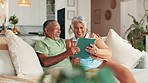 Laughing, memories and tablet with senior couple on sofa in living room of home together. App, retirement or weekend with funny old man and woman in apartment for bonding, comedy or humor on weekend