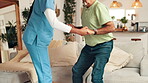 Nursing home, nurse and help for old man, support and physical therapy for elderly patient and kindness. Retirement, caregiver and holding hands with senior person, walking and assisted living