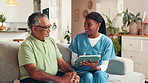Nursing home, senior man and nurse with tablet, discussion and woman with info for health assessment. Communication, elderly patient and caregiver with tech for healthcare, people and medical report