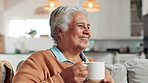 Nostalgia, smile and senior woman with coffee, home and thinking of happy memories, lounge or break. Calm, reflection and elderly person with tea in living room, retirement or relax with hot beverage