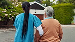 Back, nurse and walk with senior woman with discussion, morning exercise and mobility support. Caregiver, talking and help with elderly person of rehabilitation, recovery and balance at nursing home
