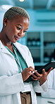 Research, science and black woman with tablet, face and smile with report for test results. African person, chemistry expert and scientist in lab, tech and app for vaccine development and drug trial