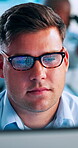 Coding, computer and glasses with programmer man at desk in office for software development. Code, data and writing script with business person in professional workplace for system programming
