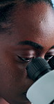Black woman, scientist or research with microscope for exam, medical discovery or forensic results at lab. Female person, health worker or biologist with technology for microscopic test or science
