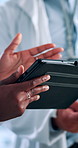 People, hands and scientist with tablet for meeting, discussion or medical research at laboratory. Closeup, technology and planning with team, health app or data for scientific results, test or exam