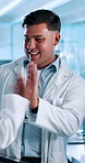 Happy man, scientist and high five with tablet for winning, scientific breathrough or results at lab. Excited, male person or team with smile for science exam, success or new discovery together