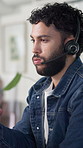 Call center, tired and man with headache of stress for difficult customer, sales mistake and workload pressure. Telemarketing, agent and tension migraine for lead generation, burnout or mental health