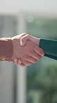 Handshake, meeting and welcome with business people in city for teamwork, deal and partnership. Collaboration, agreement and introduction with closeup of employees shaking hands for support and offer