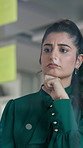 Planning, sticky notes and business woman in office with idea for brainstorming, strategy and project schedule. Creative agency, thinking and person by glass wall for agenda, research and information