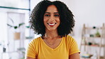 Smile, face and relax with woman at home  in living room for confidence, calm or pride. Happiness, weekend and peace with portrait of female person in Brazil apartment for break, comfortable or chill