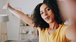 Woman, face and selfie video of new home with living room tour, online update and excited for apartment. Influencer, african person and live streaming in house for social media vlog or showing lounge