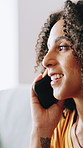 Phone call, happy and woman in home for communication, conversation or contact with gossip. Cellphone, talking and female person on mobile discussion, connectivity or networking in apartment.