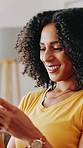Happy, woman and typing with phone at house for communication, social media and good news. Person, spinning and mobile app with internet search, online information and reading for chat notification 