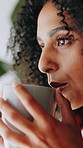 Morning, happy and woman with coffee in home for beverage, warm drink and tea to relax on weekend. Apartment, thinking and person with smile for reflection, inspiration and daydreaming for calm