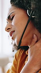 Business, headphones and woman with neck pain, tired and overworked with customer service. Person, mic and employee with massage, fatigue and anxiety with call center, joint injury and muscle tension