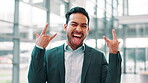 Businessman, face and rocker hand sign with motivation, energy and freedom at airport. Travel, work trip and adventure with portrait, excited employee and happy with commute or holiday with fun emoji