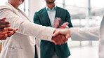 Business people, handshake and applause in office, partnership and financial contract. Closeup, accounting and employees with promotion, shaking hands and b2b deal with thank you, success or clapping