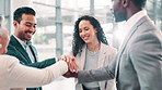 Business people, hands together and applause with celebration, teamwork and smile for promotion. Women, men and colleagues with collaboration, negotiation and meeting in company for success or growth