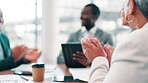 Hands, business and people applause for meeting with good news, pitch success and celebration. Smile, man and staff clapping with tablet for congratulations, achievement and promotion for proposal