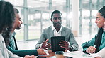 Meeting, tablet and man with business people in office for financial review, budget report and company sales. Professional, corporate and men and women on tech for proposal, research or planning