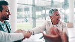 Business people, meeting and handshake with applause in partnership, welcome or onboarding in office. Shaking hands, collaboration and corporate group with celebration, teamwork and workplace success