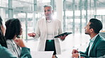 Business woman, meeting and tablet with training, planning and project management for website review. Collaboration, presentation and people with proposal, ideas discussion and online strategy
