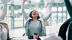 Business, people and celebration with paperwork throw for sales achievement, KPI growth and applause. Finance teamwork, documents and excited in office for good news, funding approval and opportunity