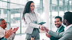 Business woman, handshake and applause with deal, presentation and project management for b2b review. Collaboration, meeting and people with shaking hands, celebrations and agreement discussion