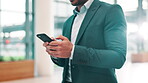 Hands, businessman and walking with phone in office for investment banking, finance and budget online. Corporate worker, mobile and check email for profit update, economy news and typing message