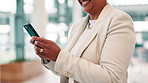 Hands, business woman and typing with phone in office for investment banking, finance and texting. Happy worker, mobile and check email for profit update, economy news and scroll message online