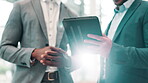 Collaboration, colleagues and hands with tablet, office and discussion for investment, website and company. Business, investor and people with tech for feedback, meeting and review of information
