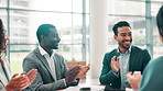 Business, man and applause for meeting in office for good news, pitch success and celebration. Smile, people and fist bump with clapping for company winner, team achievement and promotion of proposal