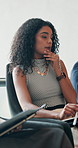 Survey, candidate and thinking with business woman for promotion interview, documents or hiring policy. Paperwork, job opportunity screening and evaluation with people in office for vision and review