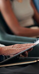 Business, hands and woman with folder in office for company pitch, meeting proposal and review. Investor, mature person and reading corporate file for financial information and investment planning
