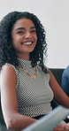 Survey, candidate and face of business woman for promotion interview, documents or hiring policy. Paperwork, job opportunity screening and evaluation with people in office for smile and review