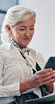 Business, internet and woman in office, smartphone and accounting with message to contact. Mature person, financial advisor and employee in workplace, cellphone and email with funding proposal or app
