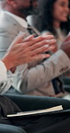 Meeting, applause and hands of business people at seminar with celebration, success or team building in office. Congratulations, clapping and audience in conference room with support for achievement