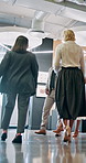 Business, people and walking in lobby with introduction for b2b collaboration, financial conference and meeting. Below, finance stakeholders and discussion in office building for career development