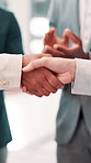 Business people, shaking hands and applause in office for agreement, investment deal or achievement. Employee collaboration, handshake or support in firm for company merger, partnership or promotion