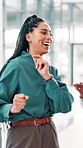 Business, success and woman in office with dance, fun and team building for financial goals. Happy, excited and finance consultant in celebration for winning deal, achievement or employee engagement