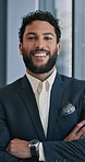Crossed arms, happy and face of businessman in office with confidence, pride and smile for finance company. Professional, corporate and portrait of worker for career, job and financial consultant