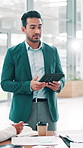 Presentation, office and businessman on tablet with meeting, planning and training for collaboration. Communication, project and proposal with digital tech for feedback, review or online research