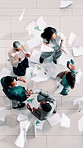 Business people, paper throw and above applause for success, celebration and meeting for project or bonus. High five, teamwork and group of employees clapping hands with good news or documents in air