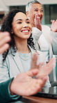 Happy people, applause and meeting with thank you for presentation, congratulations or celebration at office. Group, team or excited employees clapping with smile for support, motivation or success