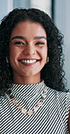 Happy, office and face of business woman by window with confidence, pride and smile for finance company. Thinking, corporate and portrait of worker for career ideas, job and financial consultant