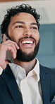 Man, phone call and happy by window at office with networking, negotiation or contact at real estate agency. Person, realtor and smile for talk on smartphone, feedback and deal for property investing