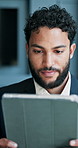 Business man, tablet and smile at office with typing, contact and notification for market update at company. Person, touchscreen and night with app, project and review at private investment agency
