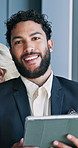 Man, tablet and happy with face at office for networking, negotiation and contact at real estate agency. Person, realtor and smile with touchscreen app, portrait and pride for property investing